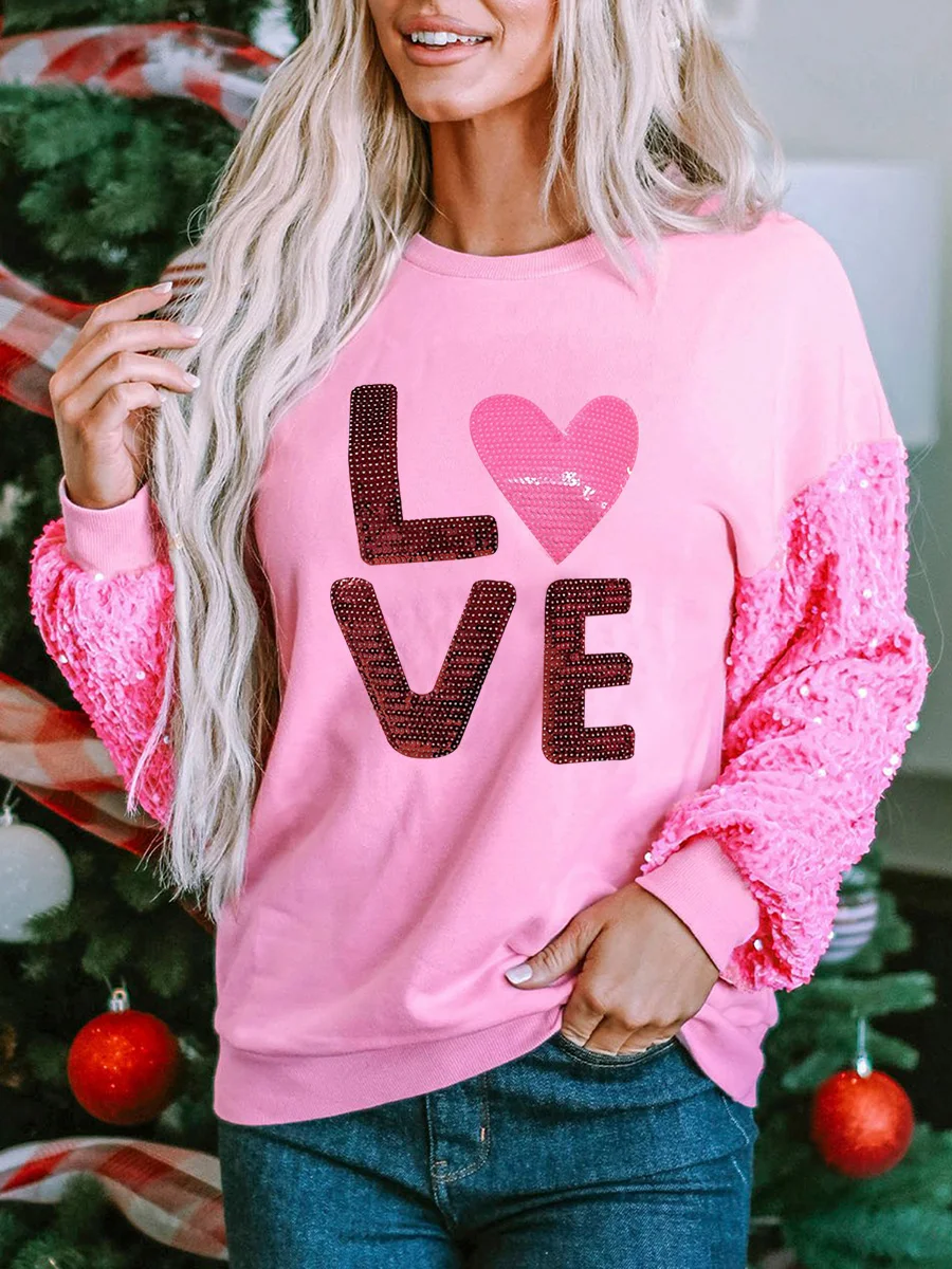 Women Sweatshirt Long Sleeve Crew Neck Letters Sequins Hoodie Pullover Valentine’s Day Tops