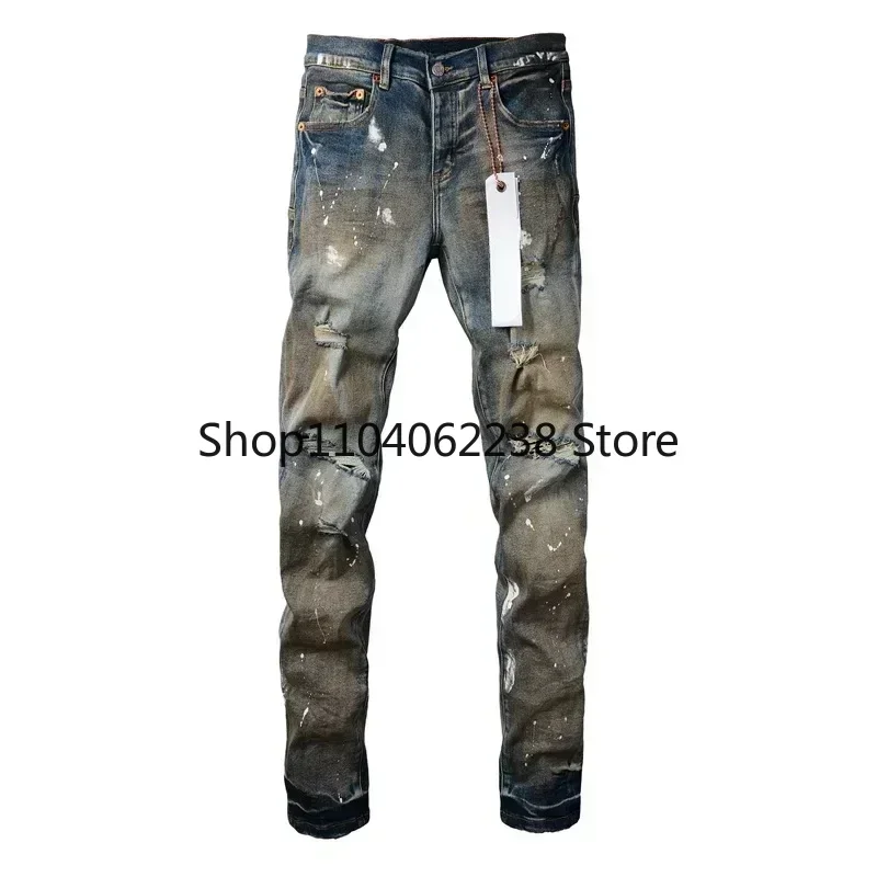 2024 Fashion Purples Man brands jeans with distressed paint and distressed holes Fashion Repair Low Rise Skinny Denim pants