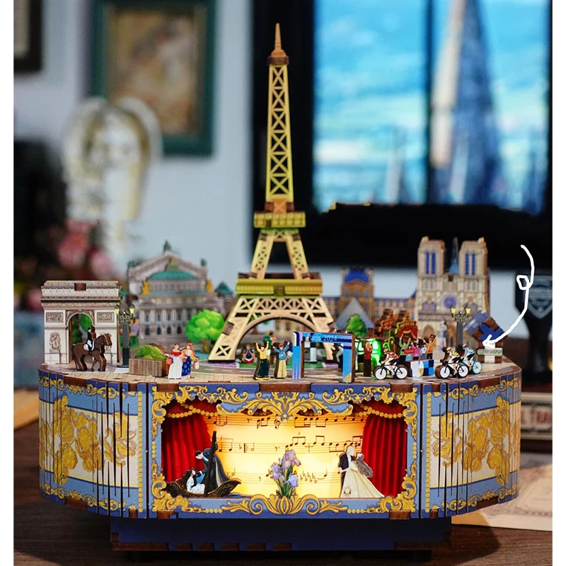 DIY 3D Wooden Music Box Miniature Model Kits Paris Street View Eiffel Tower Jigsaw Puzzles With Light Can Move for Friends Gifts