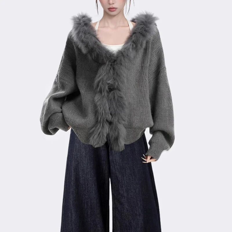 Fall Winter Lazy Wind Cardigan Women Casual Faux Fur Collar Hooded Sweater Fashion All Match Warm Buttons Knitwear Outwear New