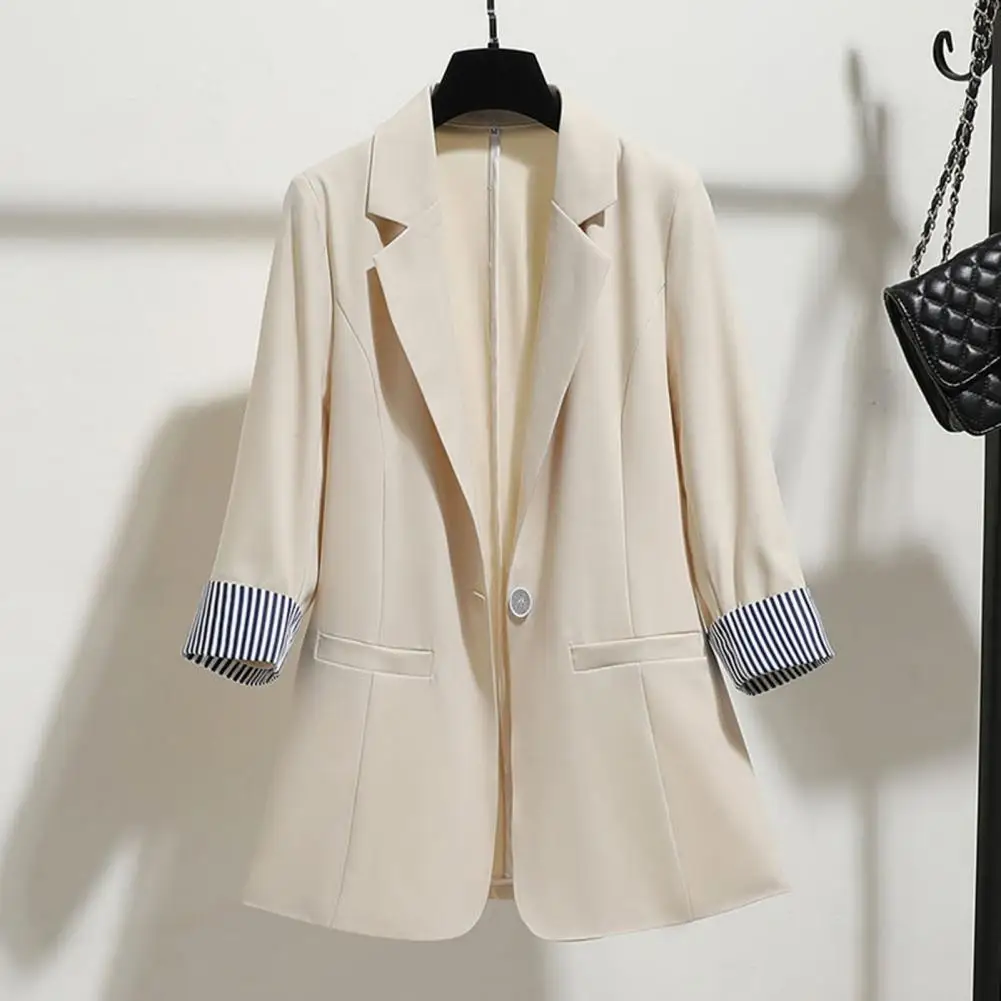 Women One-button Suit Jacket Professional Women's Mid-length Suit Coat with Turn-down Collar Three-quarter Sleeves for Office