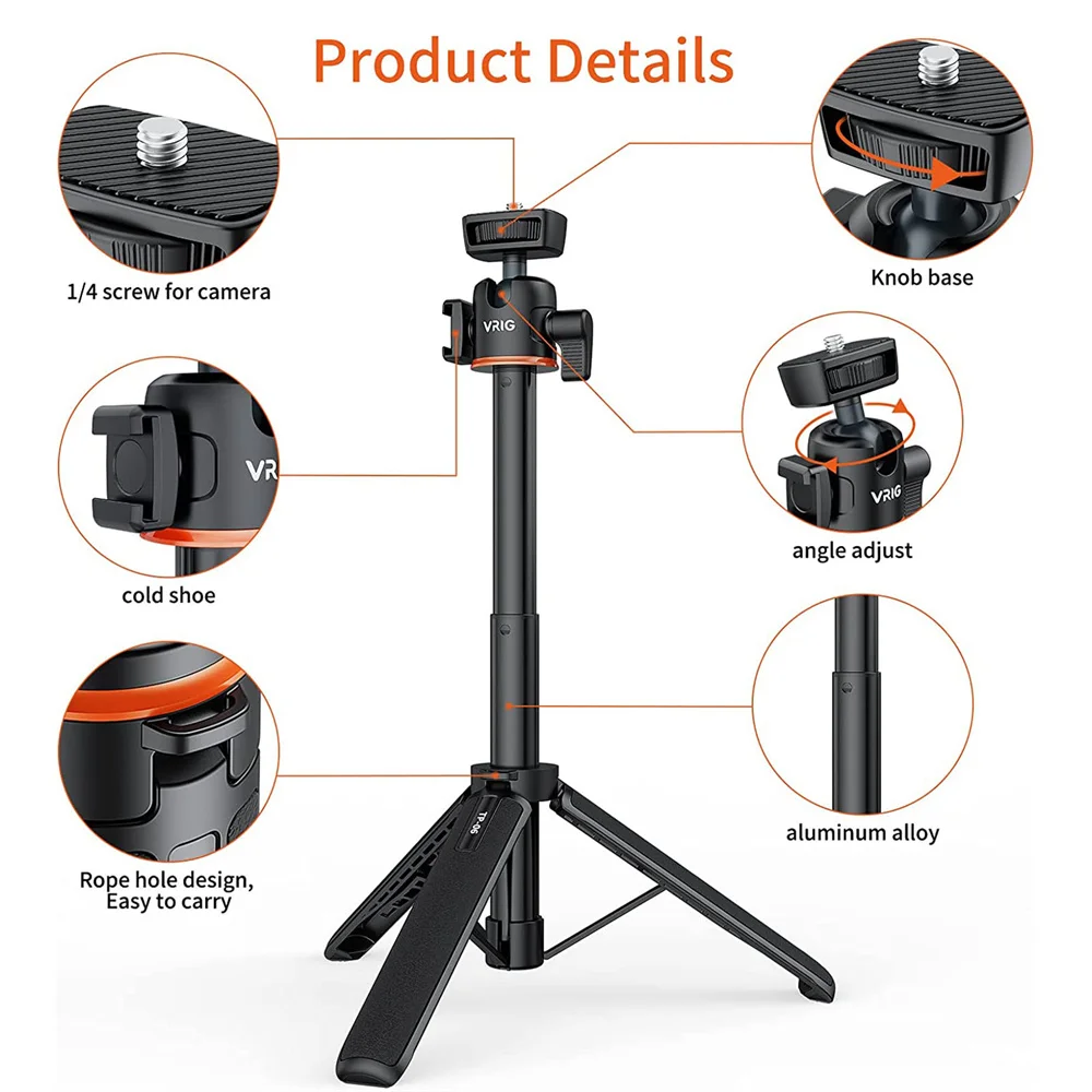 VRIG TP-06 4 Sections Camera Phone Tripod w 360 BallHead Cold Shoe Selfie Stick Tripod Stand for iPhone 15 14 13 12 Phone Camera