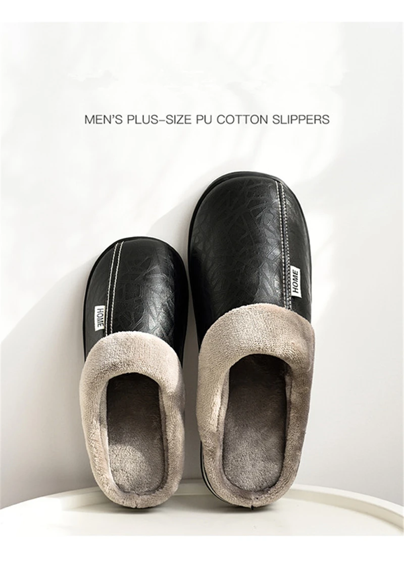 Women House Waterproof Warm Home Fur Slipper Male Couple Shoes Fluffy Big Size Casual Slide Men Slippers Indoor PU Leather