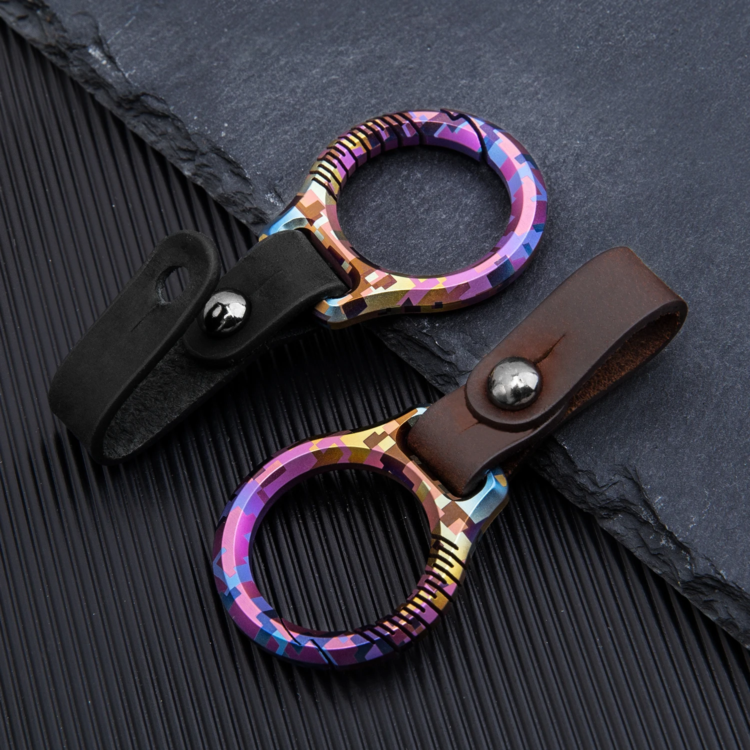 Titanium Alloy Car Keychain Black Leather Belt Buckle Neutral Metal Spring Keyring Practical Gift