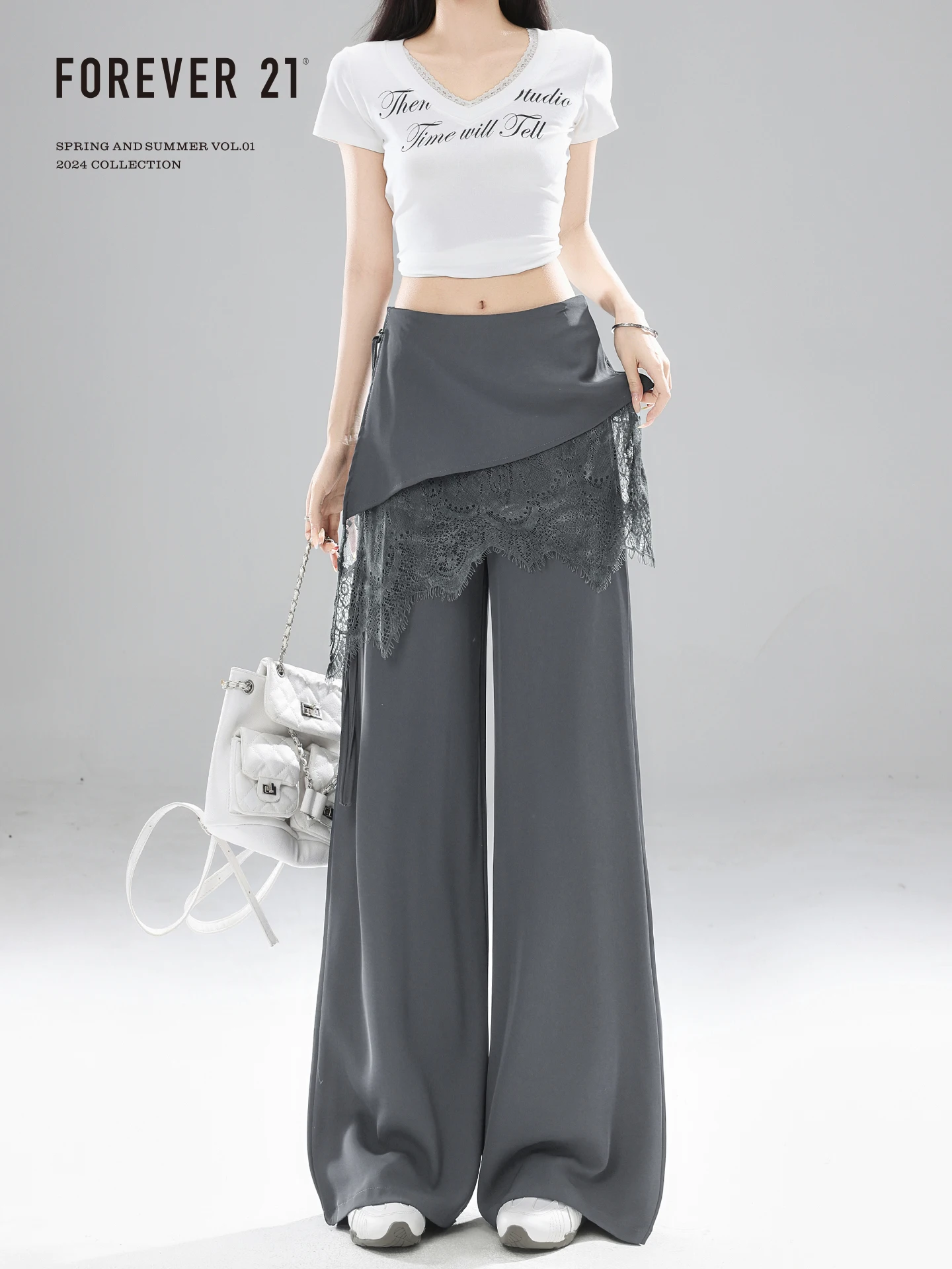 Gray Casual High Waist Wide Leg Pants Women's Fake Two-Piece Suit Curtain Long Pants Loose Fit Straight Cut Daily Wear