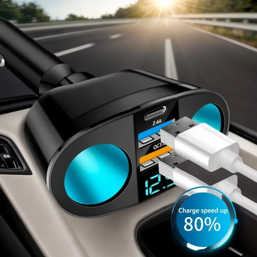 

Автомобильный адаптер питания с двумя USB-C — сверхбыстрая зарядка мощностью 45 Вт для iPad Pro Xiaomi 14 с монитором напряжения и слепой разъемом