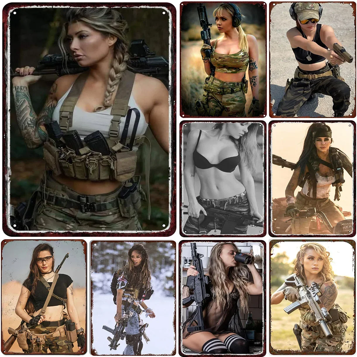 Military Pinup Girls Metal Tin Signs Plaque Wall Decoration Vintage Posters Iron Painting for Man Cave Home Cafe Garden Club