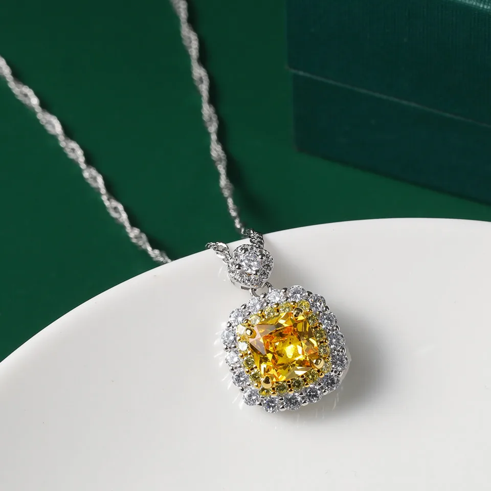 Buyee 925 Sterling Silver Classic Stone Pendant Chain 9mm Cushion Crystal & Zircon Necklace for Women Wedding Fine Jewelry Chain