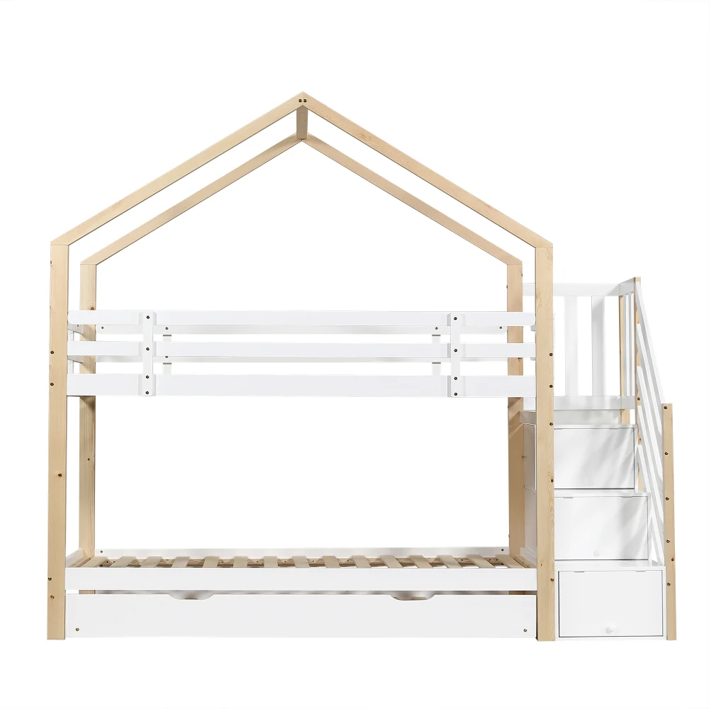PINGGO Naturweißes Holzhausbett 90x200+90x190cm Kinder-Etagenbett mit Rutsche, Treppe, 3 Schubladen, Sicherheitsgeländer, ohne Matratze – Detail 12