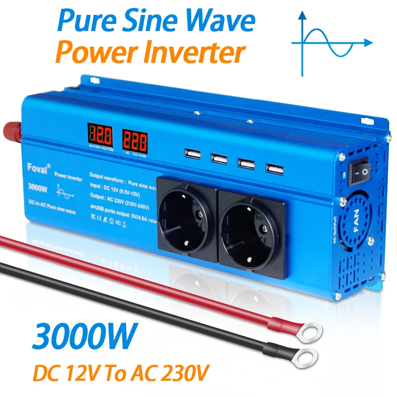 

Pure Sine Wave DC12V to 220V 3000W Peak EU/Universal Socket Home/Outing LED Display With 4.8 A 4 USB 2 AC Car Adapter Inverter