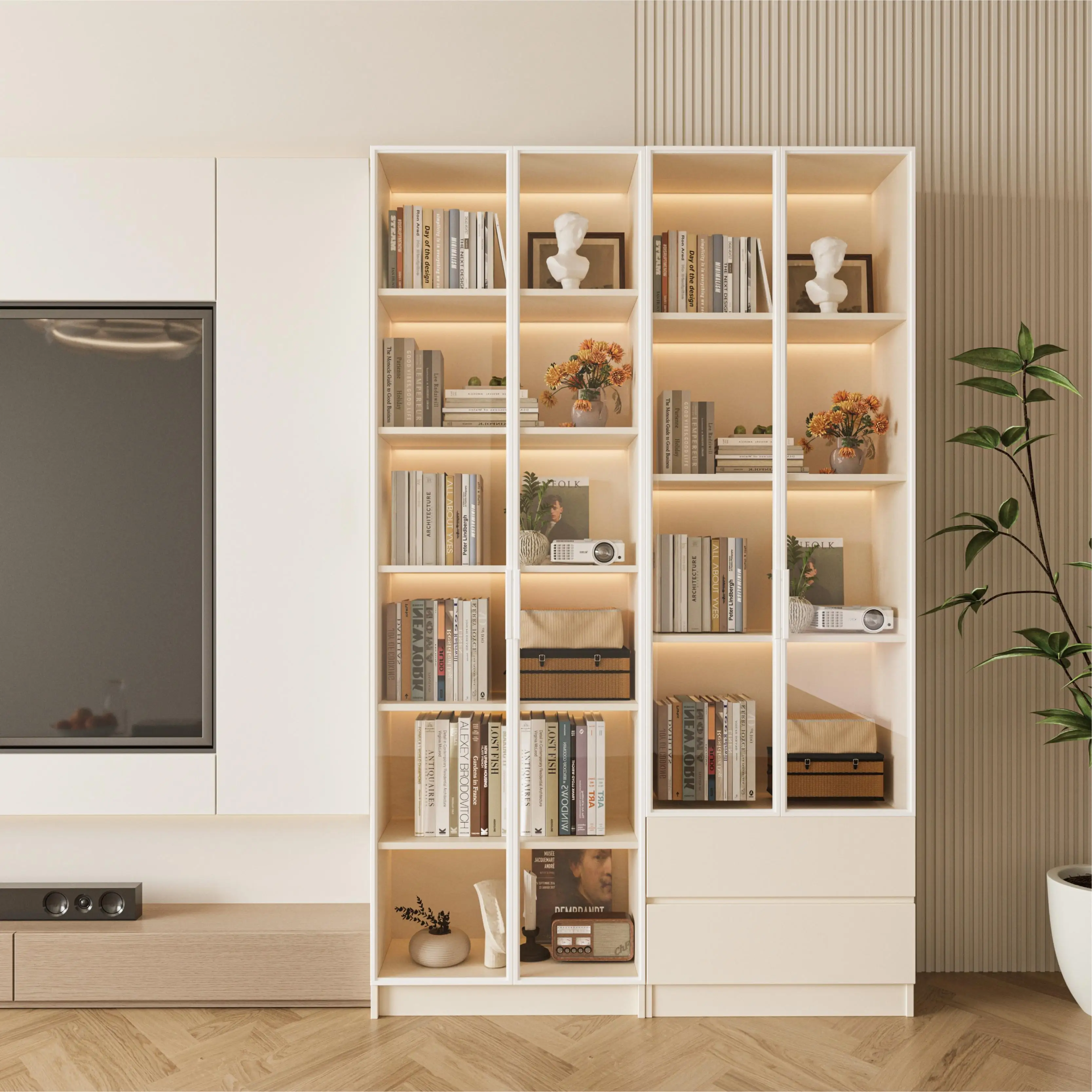 

TV Side Cabinet Bookcase Display Cabinet Glass Household Storage Wooden Locker
