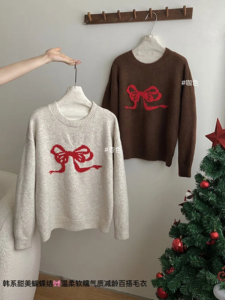 Sweet Knitted Sweater Women Oversized Bow Embroidery Pullover Korean Fashion Casual Jumper All-Match Autumn Winter High Street