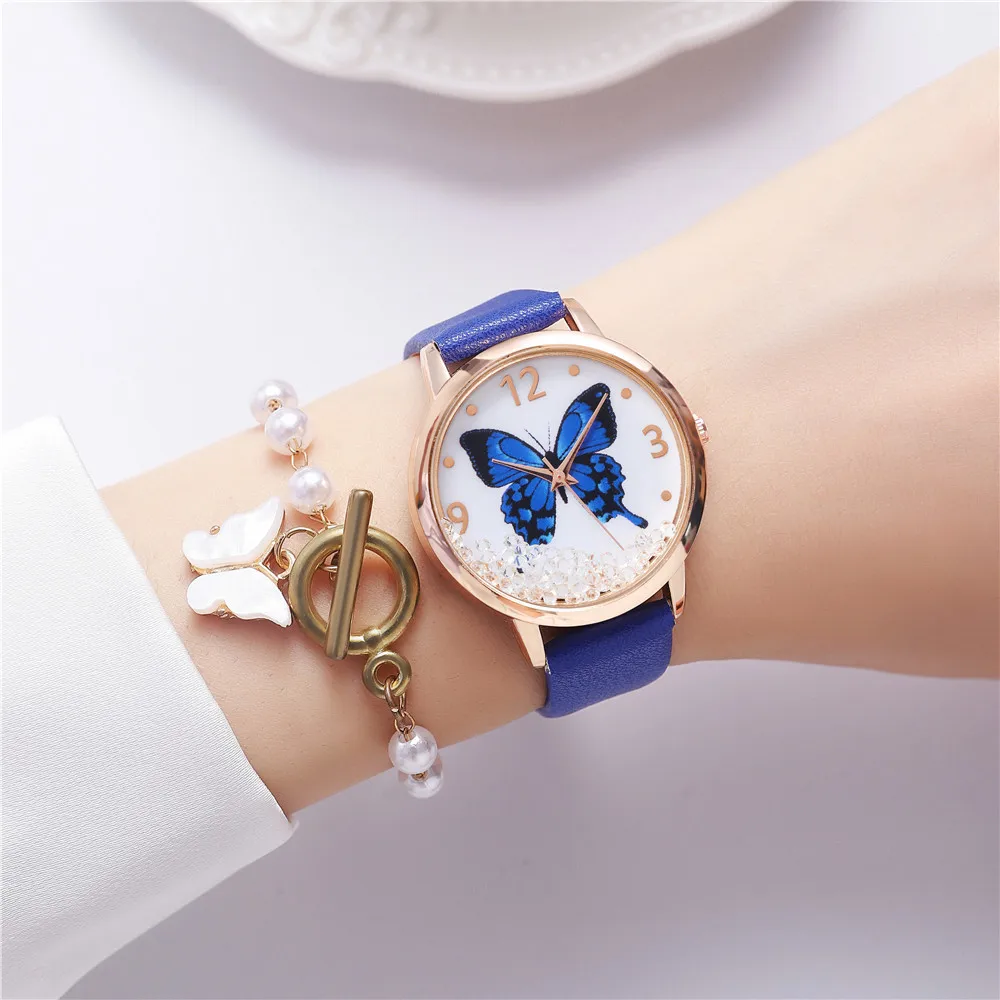 Temperament Fashion Simple Belt Ladies Watch Butterfly Pattern Rhinestone Quartz Tumblers Casual Watch Women