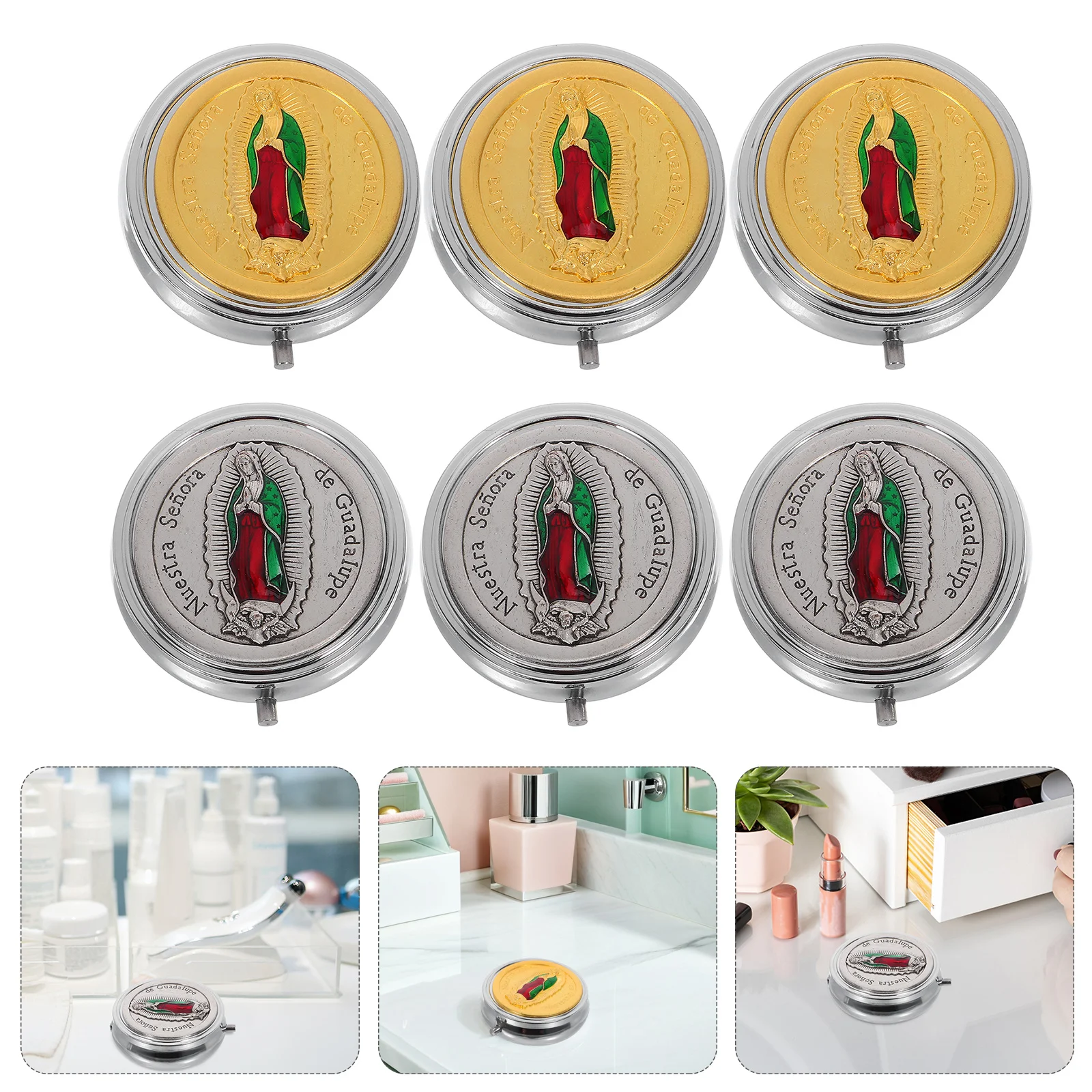 

2Pcs Catholic Rosary Jewelry Box Metal Keepsake Organizer First Communion Prayer Beads Round Religious Case Engraved Virgin Mary