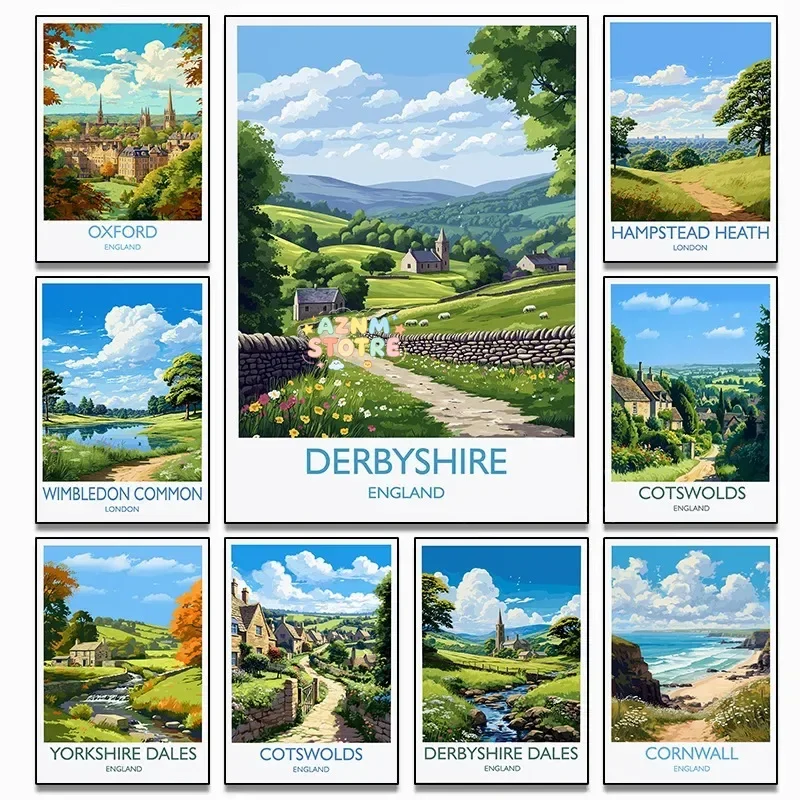 Retro UK Travel England Cornwall,Cotswolds,Yorkshire Dales Country Landscape Poster Canvas Painting Wall Art Pictures Home De