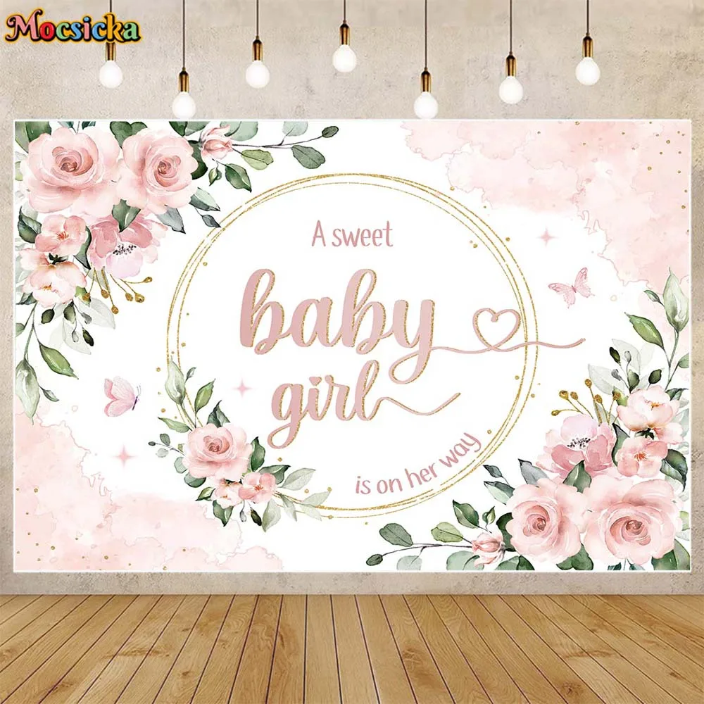 

Mocsicka Baby Shower Background Pink Flower Newborn Girl Welcome Party Decoration Backdrop for Photography Studio Props Banner