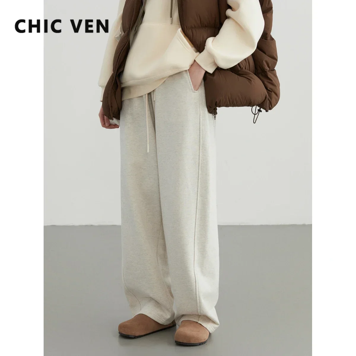 CHIC VEN Women Casual Pants Loose Casual New High Waist Wide Leg Woman Trousers Sports Streetwear Autumn Winter 2023