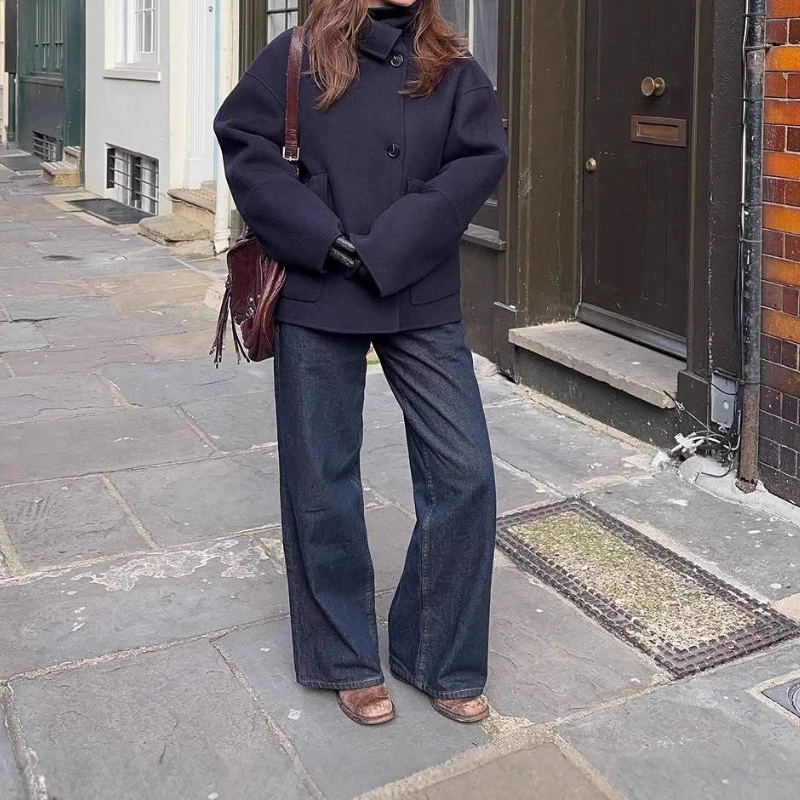 

2025 Autumn/Winter New Casual Pocket Single-Breasted Jacket, Solid Color, Half-High Collar, Retro Long Sleeves