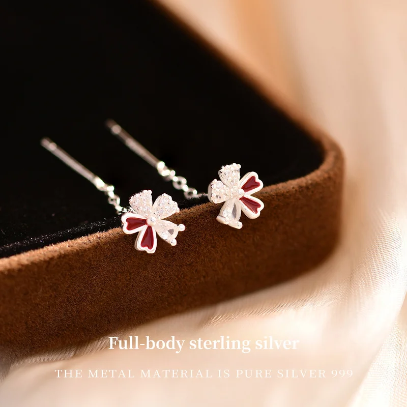 999 Solid Sterling Silver Red Flower Threader Stud Drop Earrings Set – Minimalist Versatile Light Luxury Exquisite Jewelry