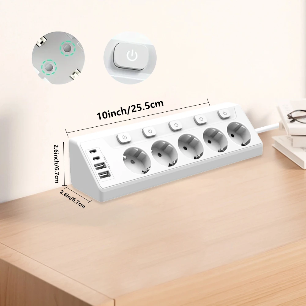 European Standard 9-in-1 Corner Desktop Power Strip with 2 Usb-A Ports; 2 Usb-C Ports; 5 Ac Power Sockets 220V-240V; 2-Meter Extension Cord