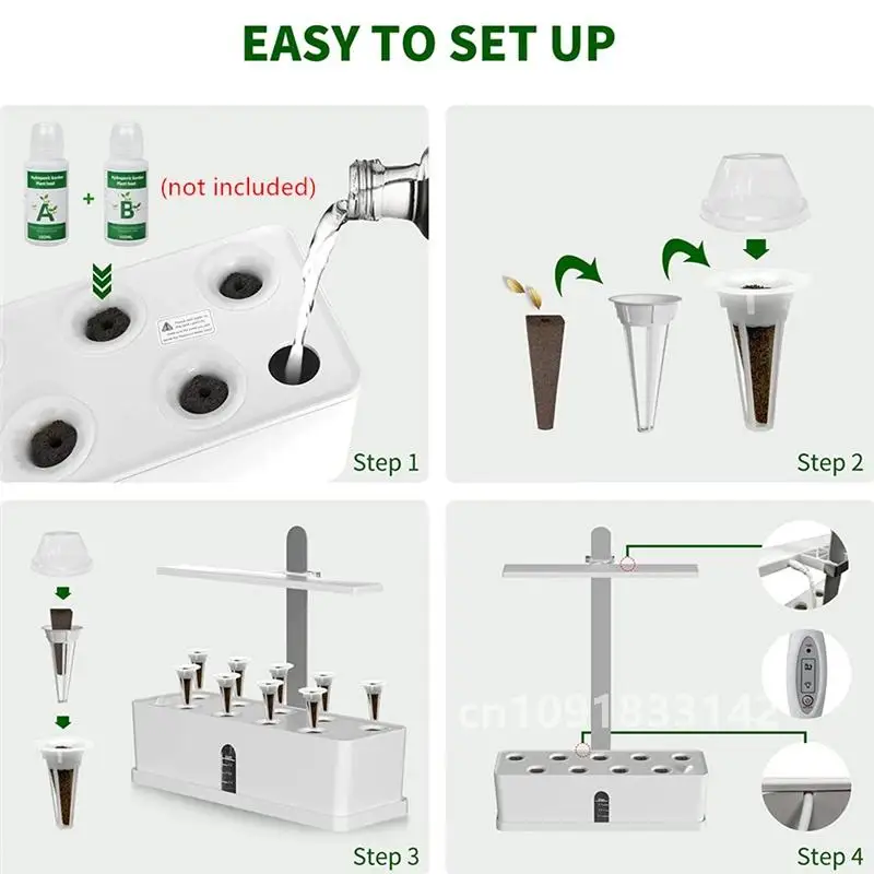 Smart Hydroponics Growing System Automatic Timing Indoor Garden Kit 9 Pods Height Adjustable 15W LED Grow Lights 2L Water Tank