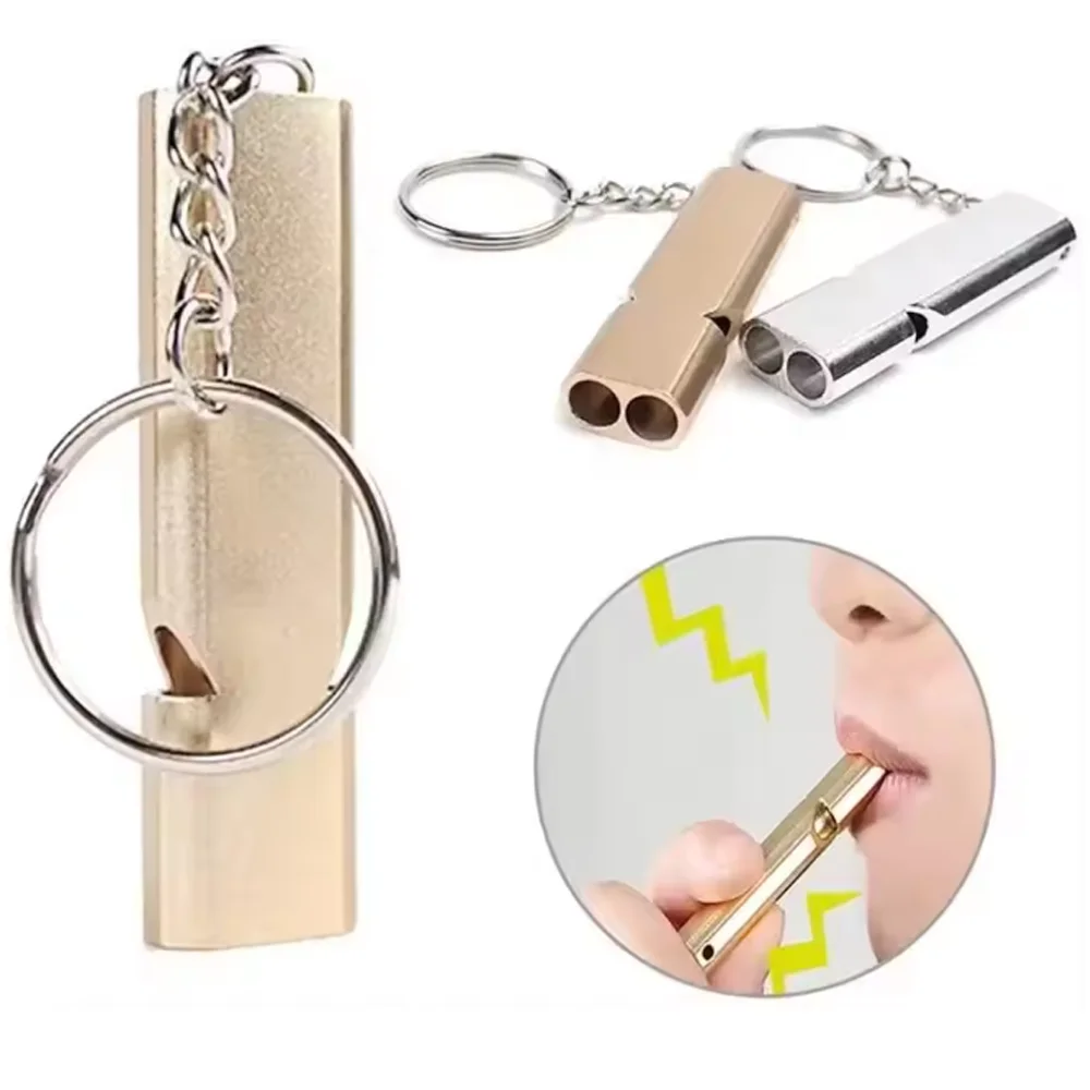 Flat Aluminum Alloy Dual Frequency Survival Whistle 1PC Double Tube Loud Safety Whistle Keychain for Outdoor Camping Hiking Gear