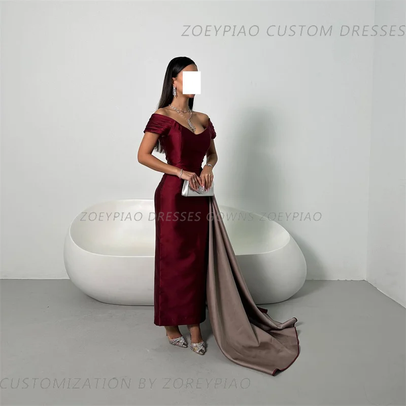 Burgundy Red Satin Prom Gown A Line Off Shoulder floor-length Formal Evening Dresses Gowns Custom Made Abendkleid luxus dubai