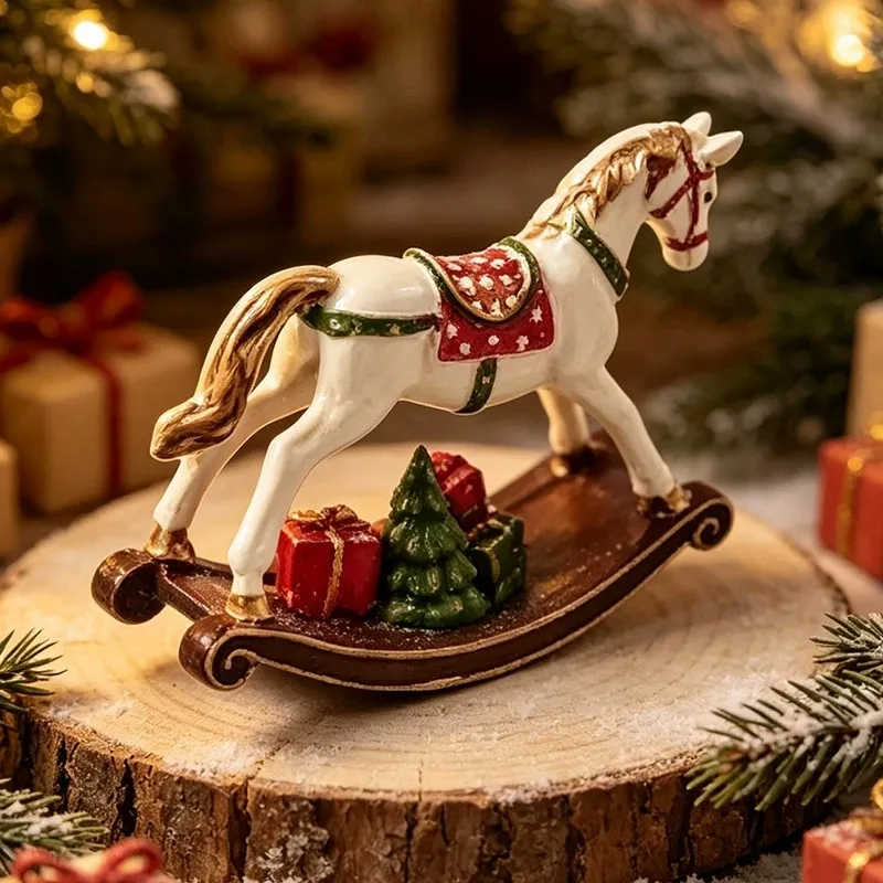 Nordic Resin Rocking Horse Handmade Figurine Cartoon Horse Bedroom Living Room Desktop Ornaments For Christmas Decoration Gifts
