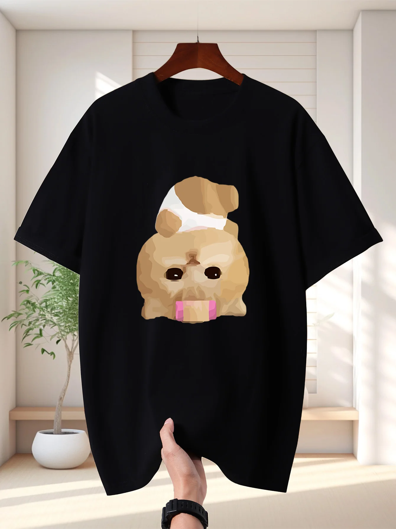 Cute Tape Mouth Puppy Mens Crew Neck T Shirt Funny Shih Tzu Dog Graphic Short Sleeve Tee Pet Lover Casual Male Street Tops
