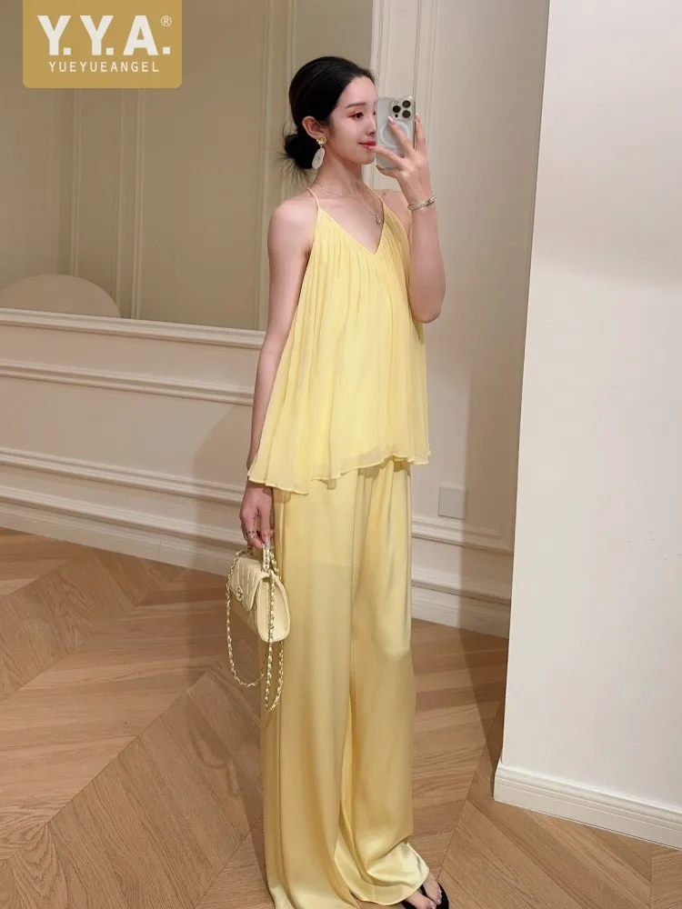 New Spring Fashion Versatile Women V Neck 100% Silk Straps Tops Solid Color Sleeveless Hood Designer Elegant Ladies Wide Waisted