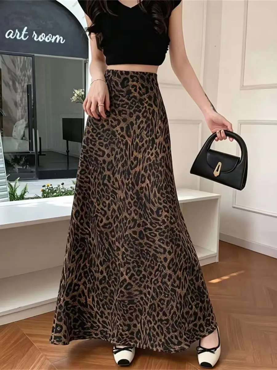 Vintage Acetate Satin Leopard-Print Midi Skirt for Women Summer High-Waisted Slimming Flowing Elegant ersatile A-Line Skirts