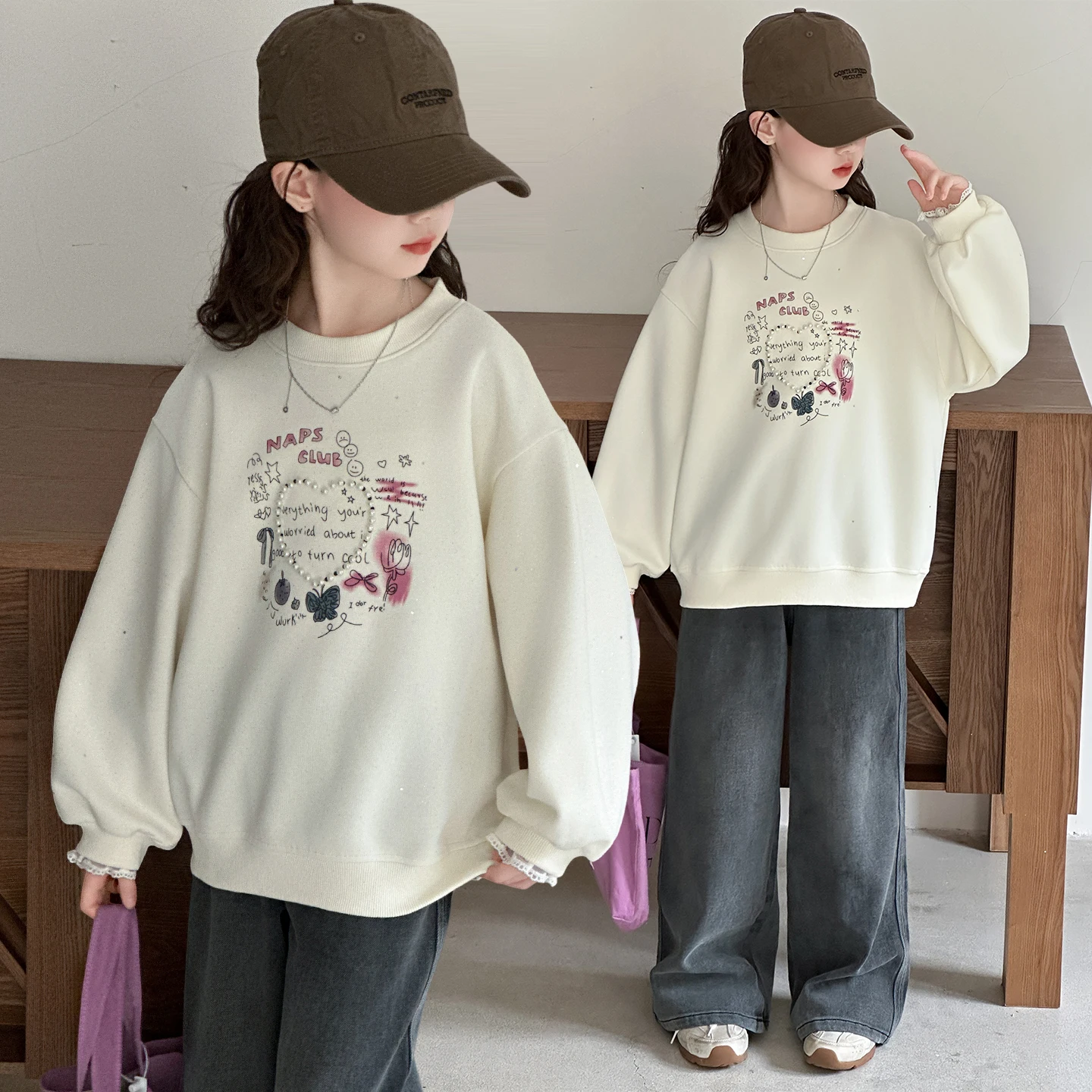 

Girls Spring Autumn Sweatshirt Clothes Heart Sweatshirt with Pearls Kids Child Casual Fashion Long Sleeve Hoodie Casual Outfits