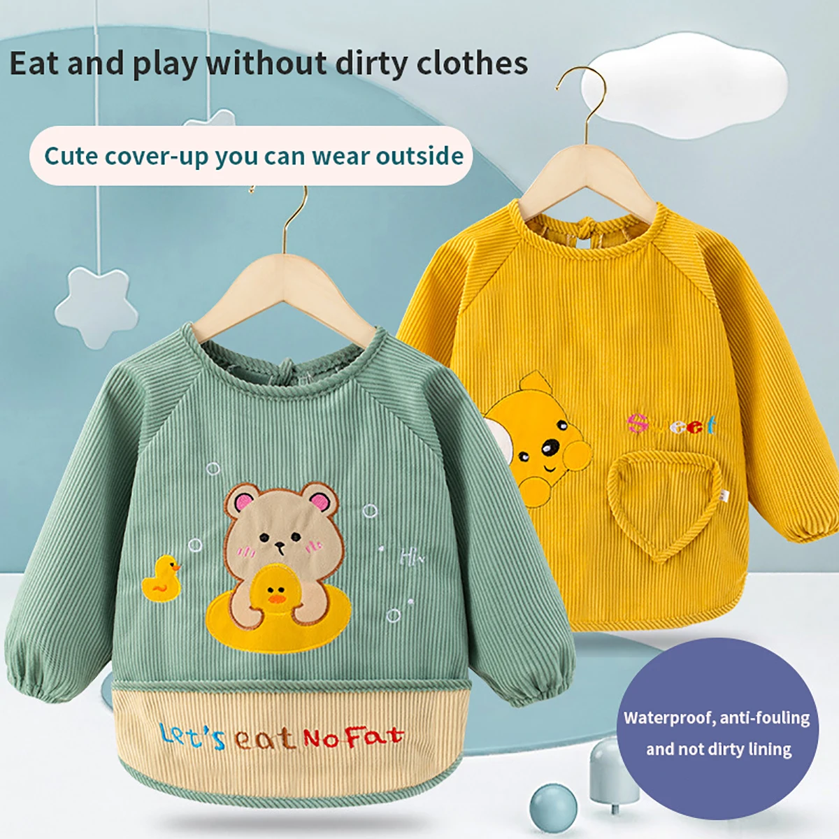 Baby overalls waterproof and dirty children spring and winter corduroy reverse dress bib boys and girls eating clothes apron