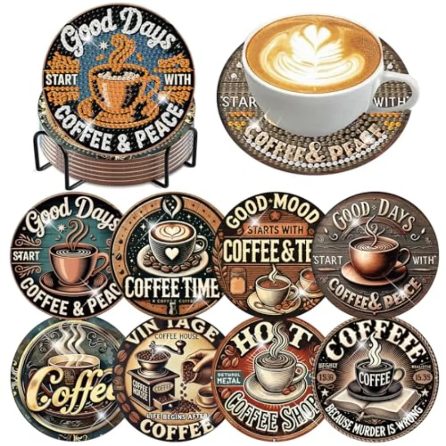 

8 Pcs Coffee Diamond Art Coasters Kit for Adults, Coffee Diamond Painting Coasters with Holder Cork Pads, DIY Diamond Art Non S