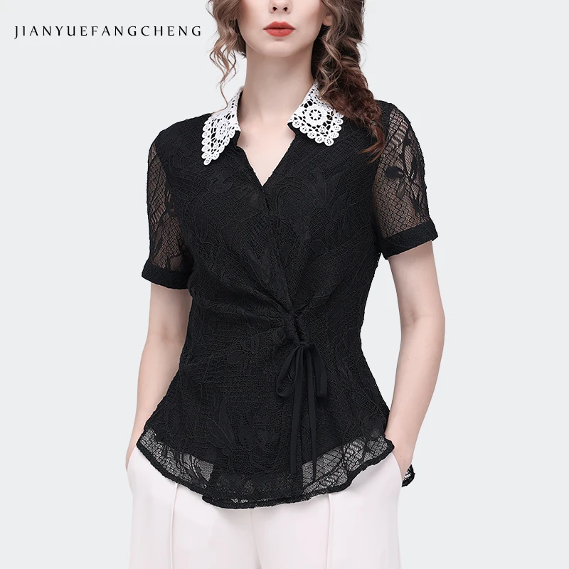 Fashion Women\' Short Sleeve Turn-down Collar Black Lace Top Elegant Slim Hollow Out Casual Shirts With Bandage Summer Blouses