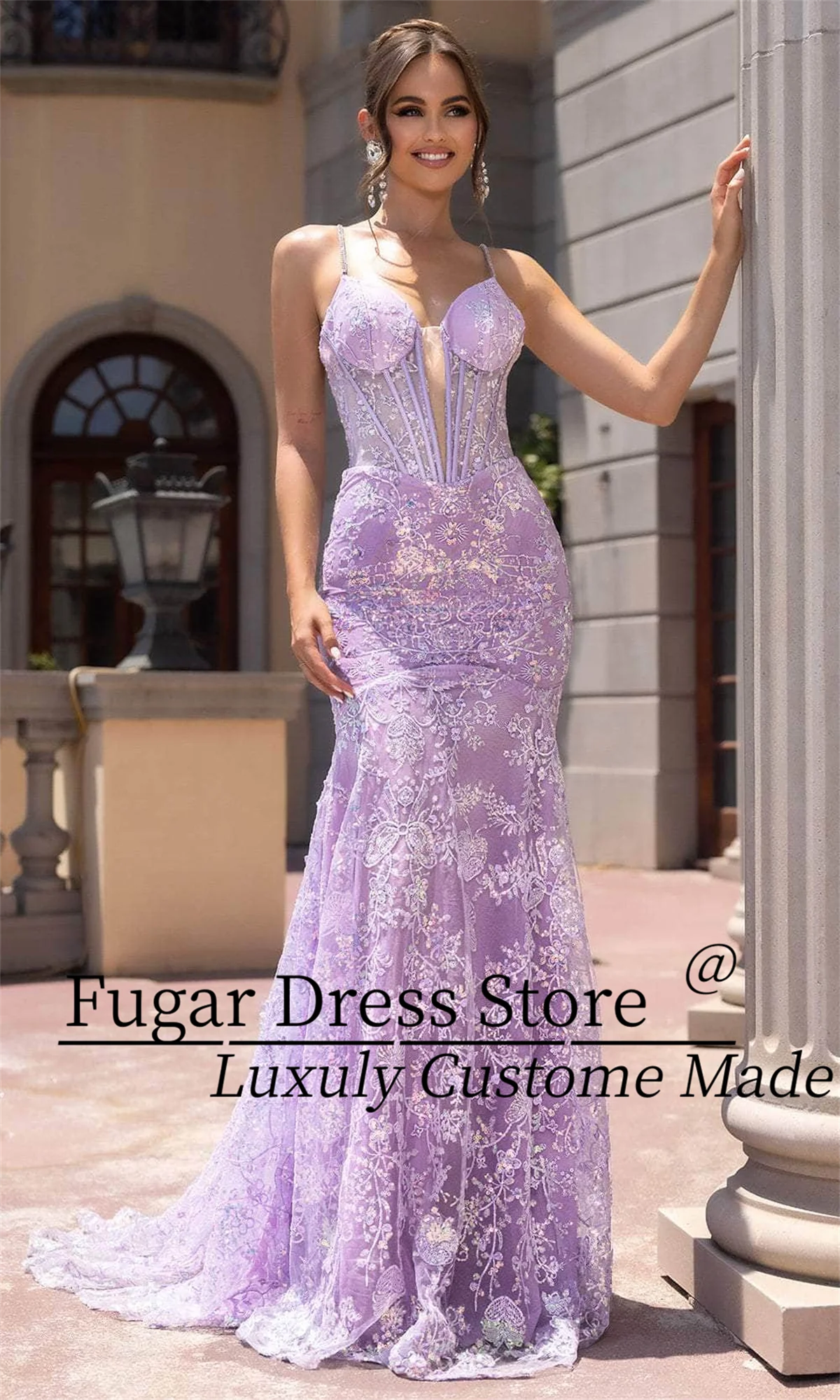 TIANTIAN Customized V-neck design Beaded thin shoulder strap Transparent corset with tight fit Formal Prom dress فساتين سهرة