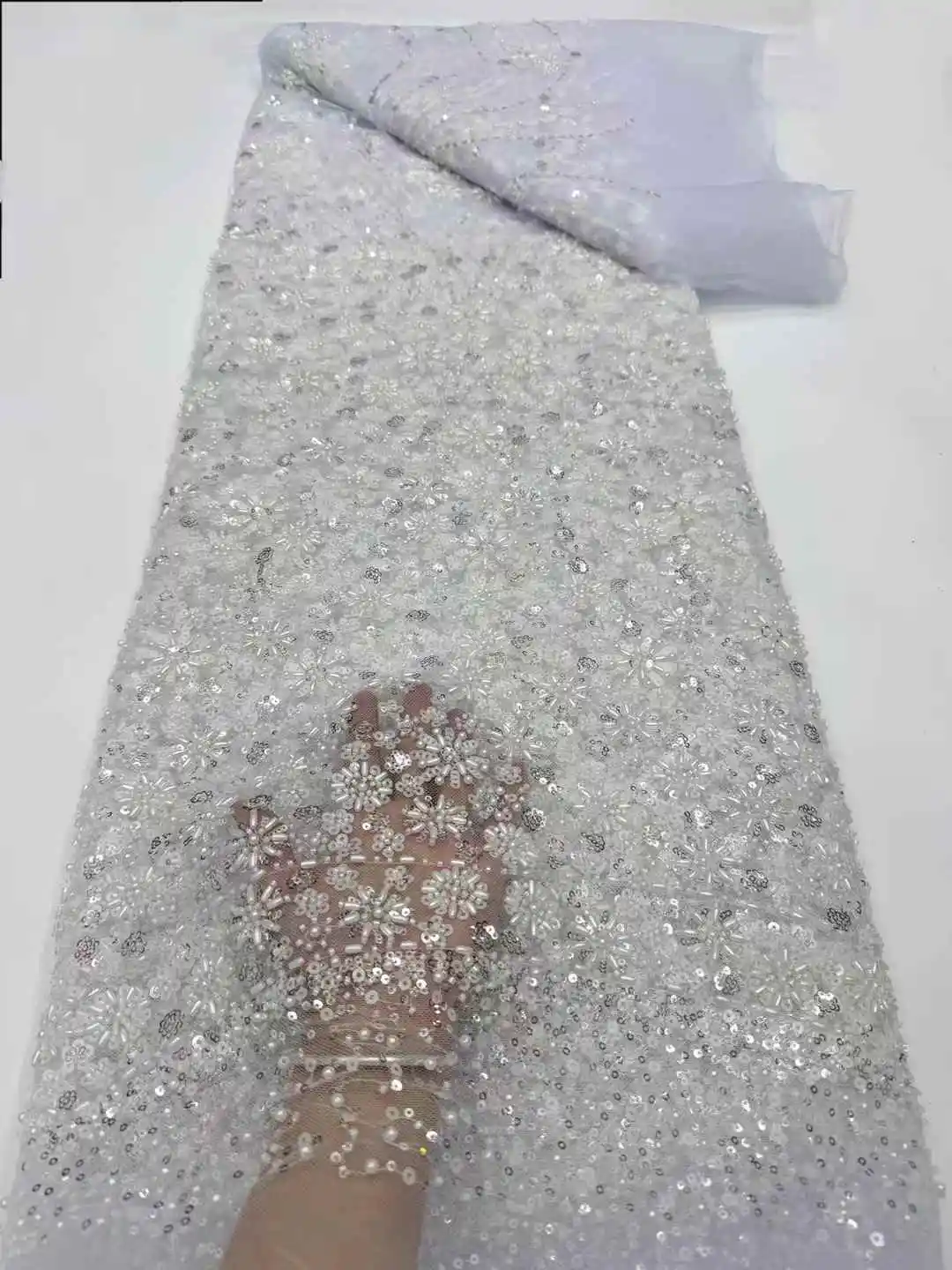 

White African Beaded Lace Fabric 2024 High Quality 5 Yards Sequins French Tulle Groom Lace Nigerian For Wedding Party Dress Sew