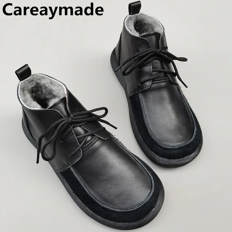 Careaymade-Genuine leather wide Casual women big size short boots,anti slip thick wool soft sole winter snow man shoes 35-45