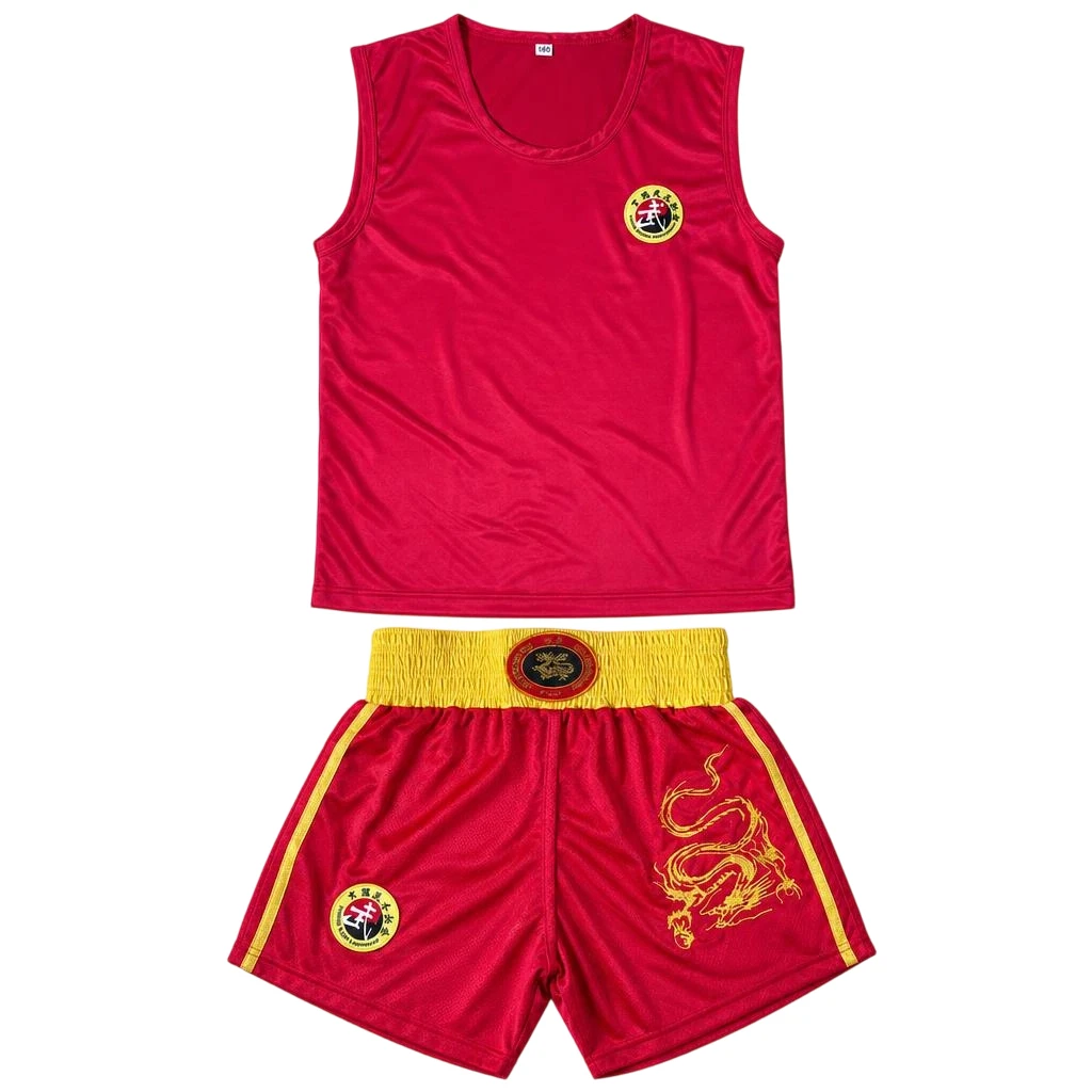 Sportoutfit für Kickboxen, Muay Thai, Kampfsport, Sanda-Trainingsanzug, Weste mit Wushu-Abzeichen, Drachen-Stickerei, Boxshorts