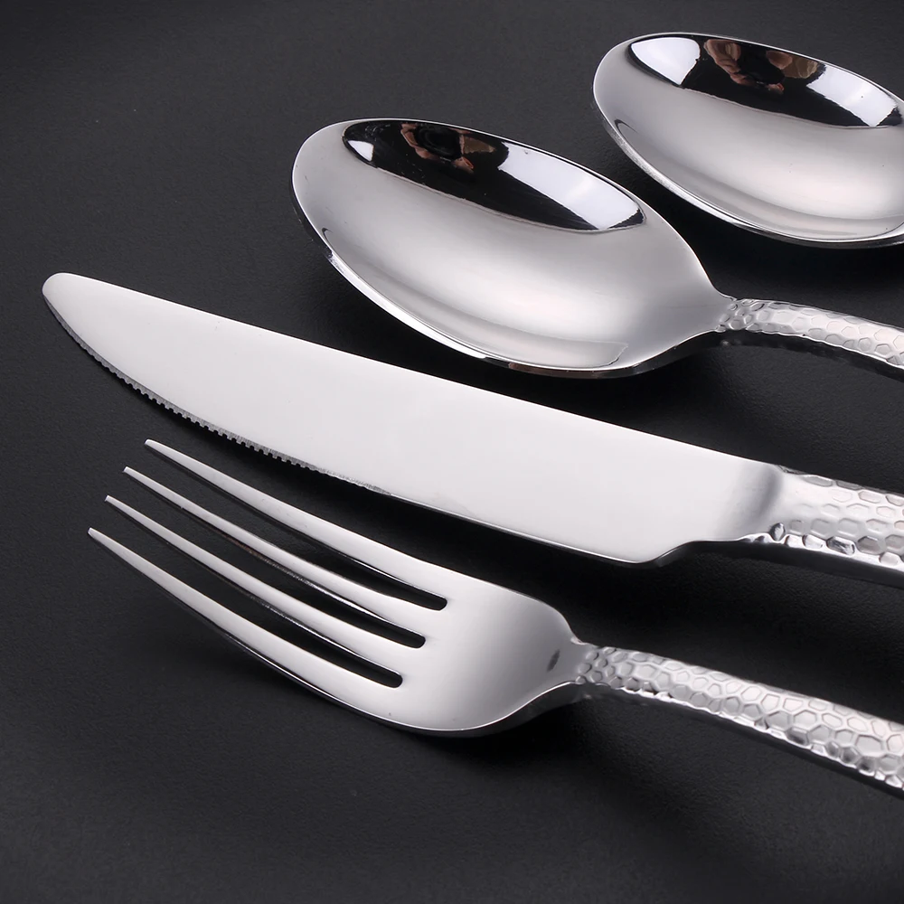 16 Pieces Hammered Handle Mirror Dinnerware Knife Fork Spoon For 4 Cutlery Set Stainless Steel Western Kitchen Silverware Set