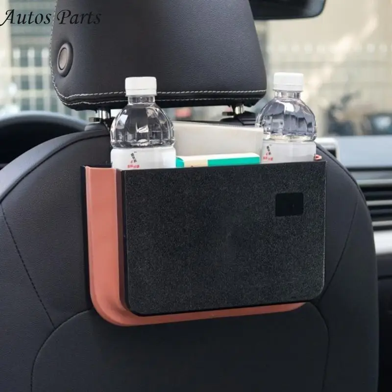 

57BA Rear Drinks Cup Holder Trash Can Bag Univesal Car Folding Back Tray Backseat Table Storage Pocket Black