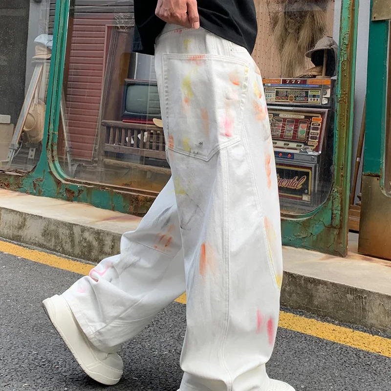 Painted Graffiti jeans men's loose trendy hip hop style street fashion High Street straight wide leg personality white trousers