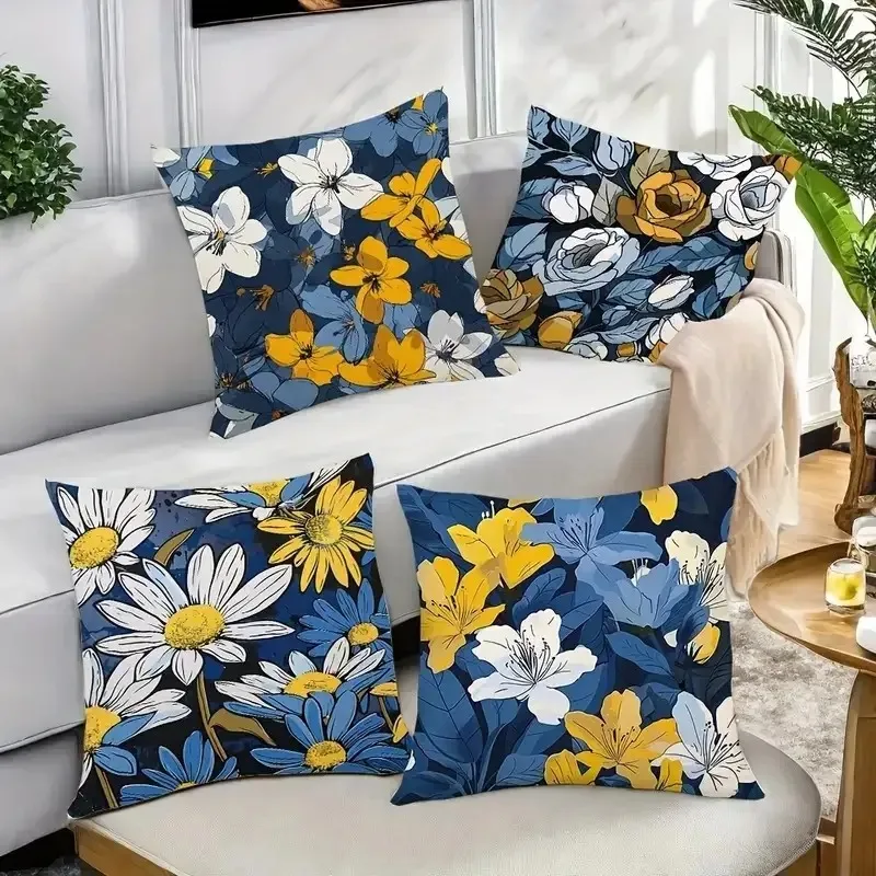 

Темно-синяя и желтая наволочка с цветочным принтом - наволочка с ярким ботаническим принтом для дивана, спальни, гостиной