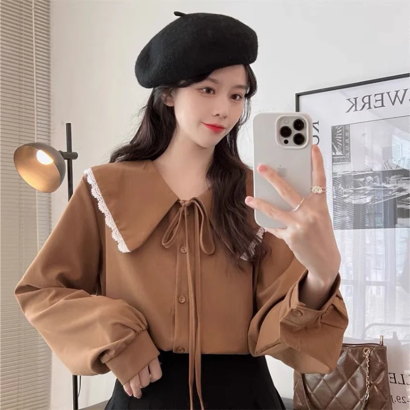 Sweet Bow Lacing White Shirt Tops Spring Autumn New Long Sleeve Solid Color Loose Blouse Fashion Korean Casual Women Clothing