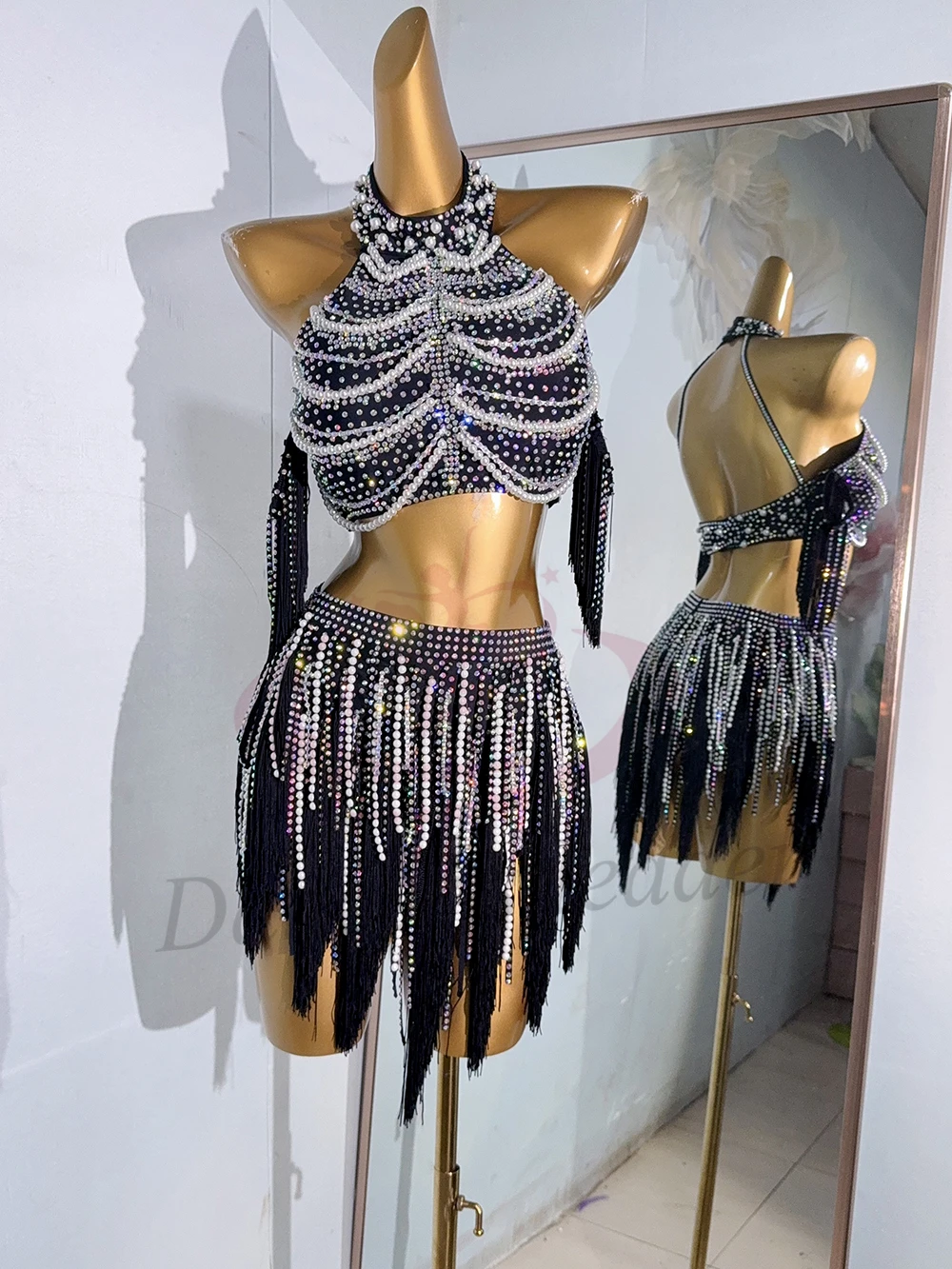 Dança latina adulto crianças vestido ab pedra high-end personalizado preto e branco borla tango roupas profissionais femininas