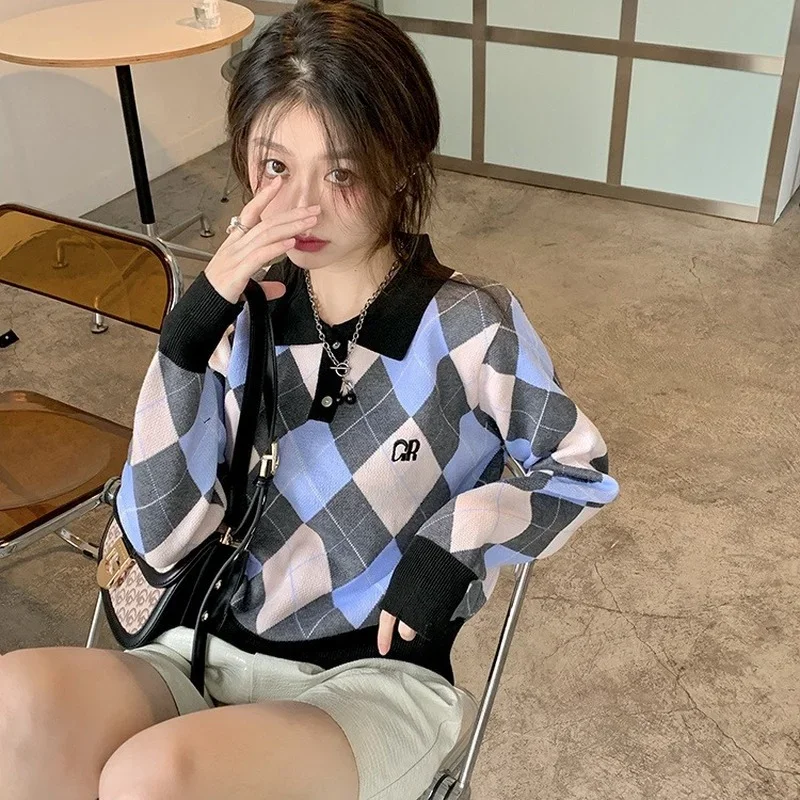 Vintage Contrast Color Crop Tops Argyle Plaid Turn Down Collar Knitted Pullovers Autumn Winter 2022 Korean Fashion Sweaters