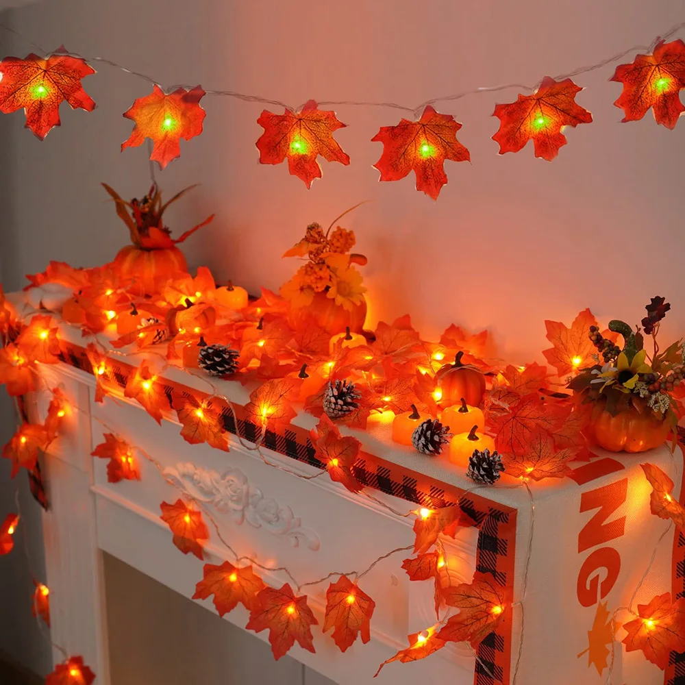 10/20/40 LED Artificial Maple Leaves Fairy Lights Autumn Leaf Garland String Light For Christmas Halloween Party Fall Decoration