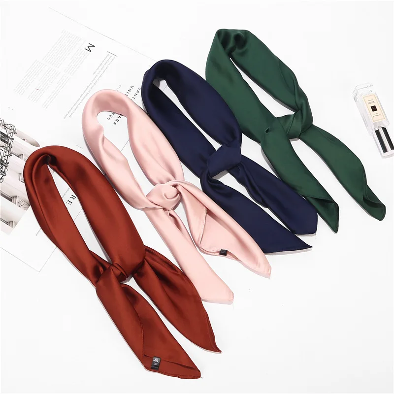 70cm Solid Colors Neckerchief Hijab Scarf For Women Silk Satin Headband Hair Scarves Female Square Shawls Head Scarfs For Ladies