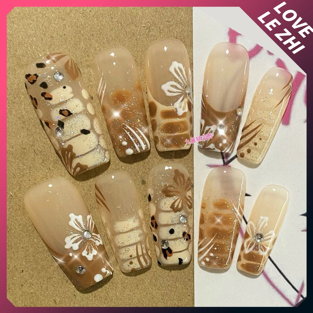 Y2K Spicy Girl Rilakkuma Handmade Long Square Press On Nail Shiny Diamond Sequins 3D Flower Bow Musical Notes Reusable Fake Nail