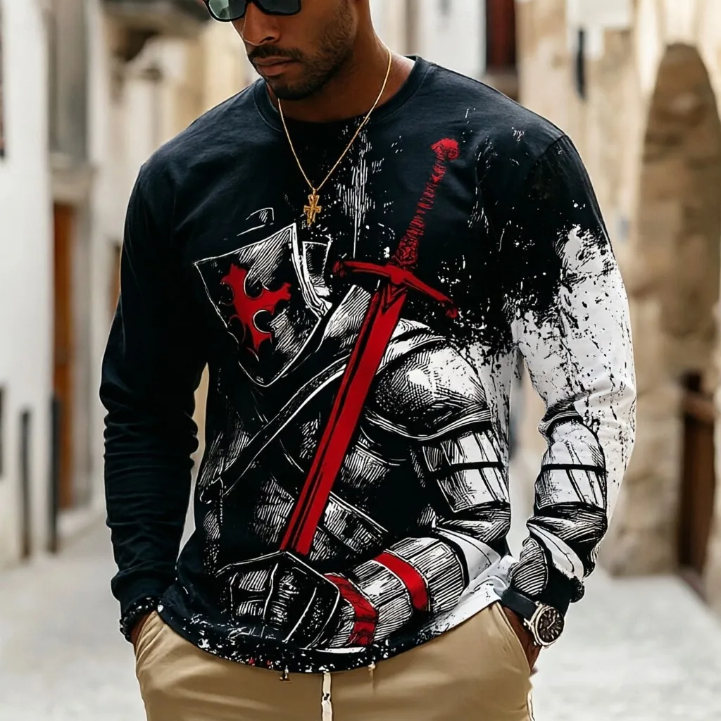 Men Long Sleeve T-Shirt Crusader Knight Sword Print Crew Neck Vintage Street Casual Tops